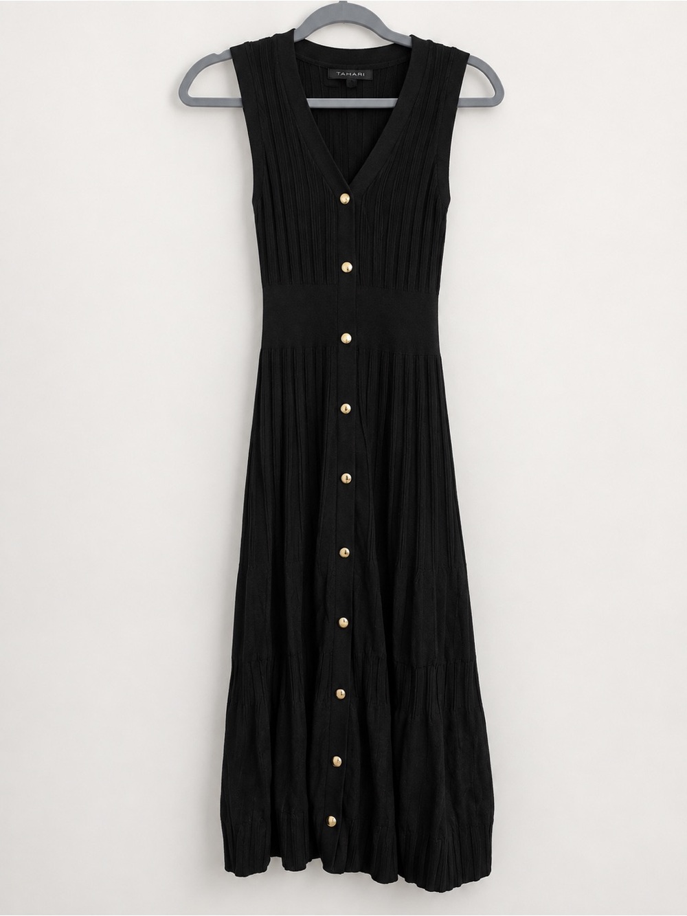 Tahari Black Sleeveless V-Neck Maxi Dress with Gold Buttons